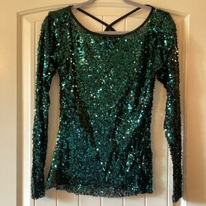 Sequin Long Sleeve Dark Green Dance Costume Top